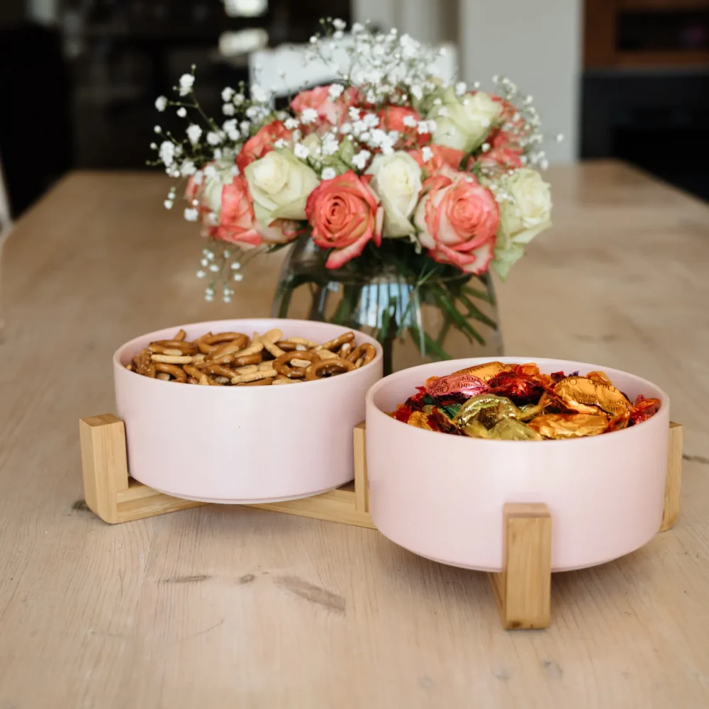 Ceramic Snack Bowls With Bamboo Stand - Pink - Image 4