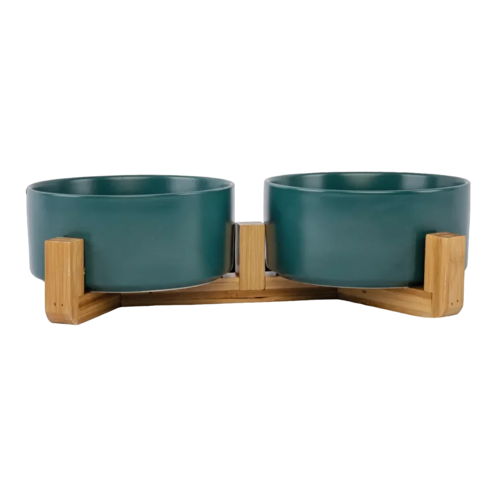 Cat Ceramic Pet Bowls With Bamboo Stand - Green