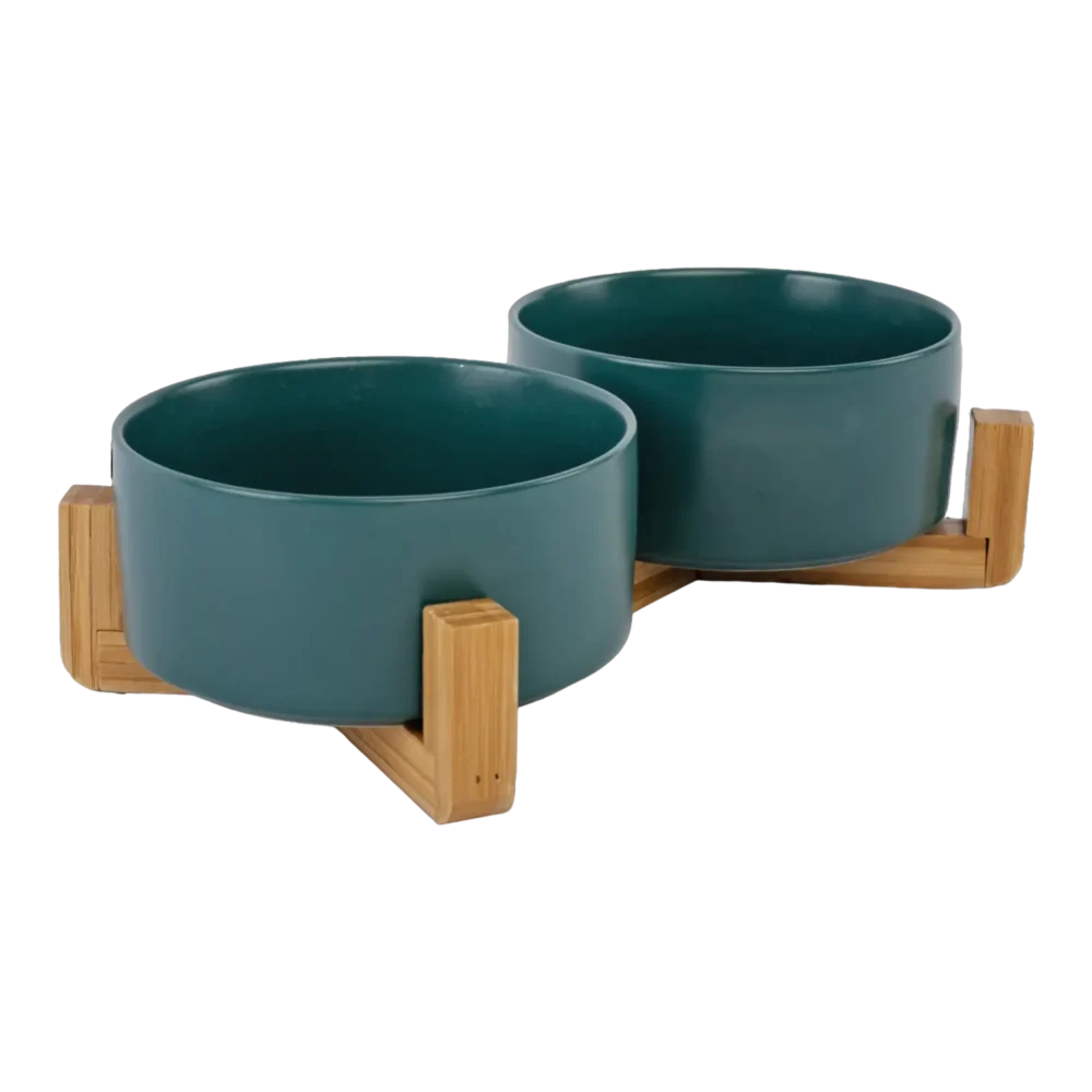 Cat Ceramic Pet Bowls With Bamboo Stand - Green - Image 2