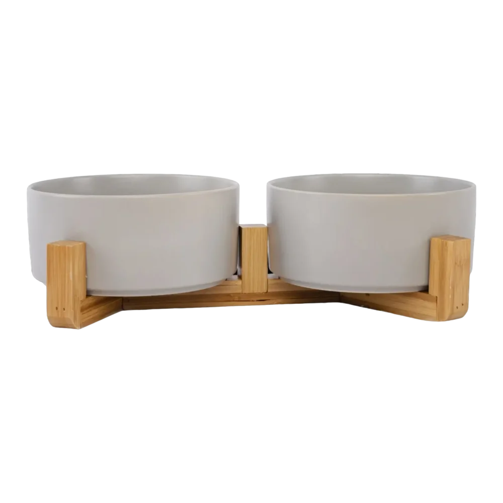 Cat Ceramic Pet Bowls With Bamboo Stand - Grey