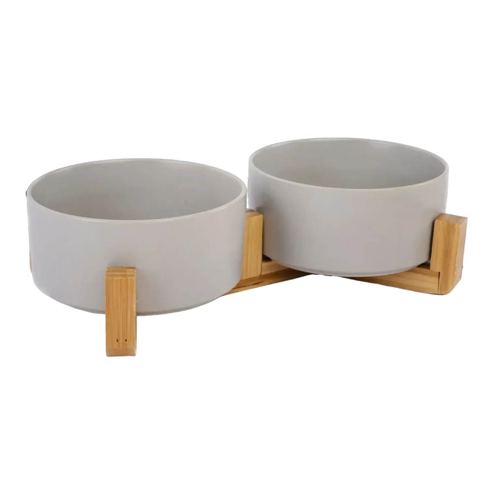 Dog Ceramic Pet Bowls With Bamboo Stand – Grey - Image 2