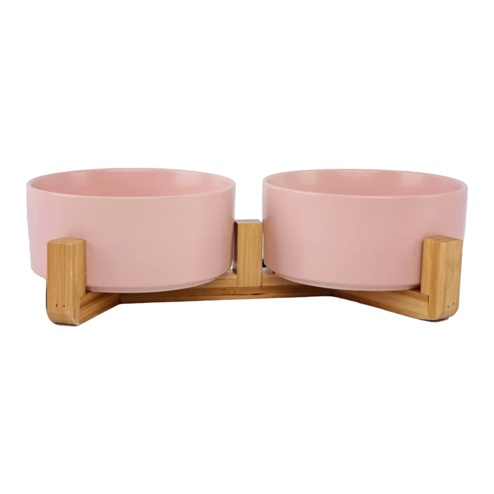 Cat Ceramic Pet Bowls With Bamboo Stand - Pink