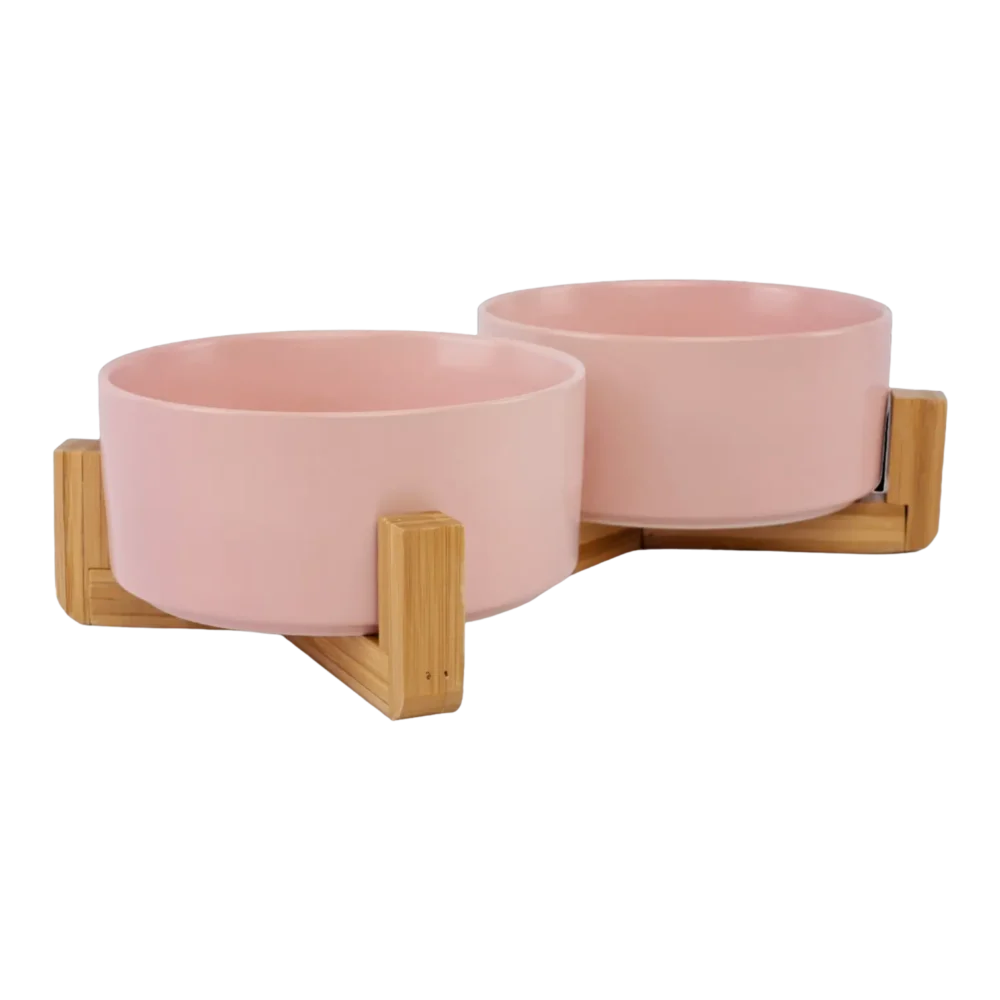 Cat Ceramic Pet Bowls With Bamboo Stand - Pink - Image 2