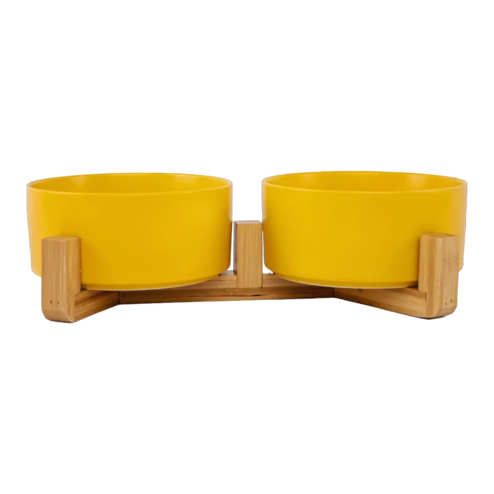 Ceramic Snack Bowls With Bamboo Stand - Yellow