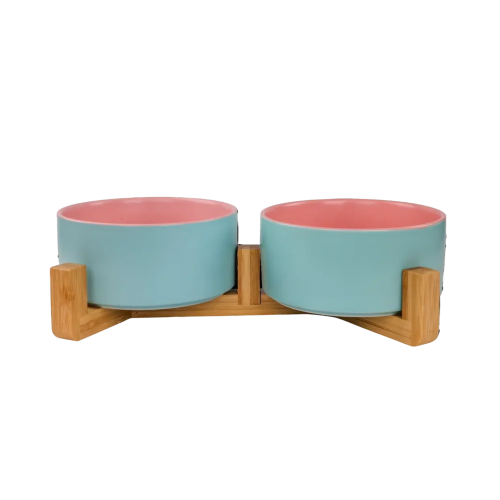 Ceramic Snack Bowls With Bamboo Stand Outer Blue Inner Pink