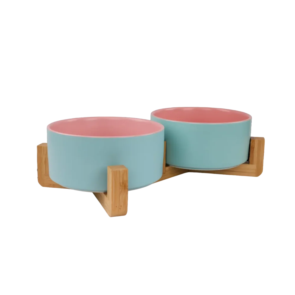 Dog Ceramic Pet Bowls With Bamboo Stand Outer Blue Inner Pink - Image 2