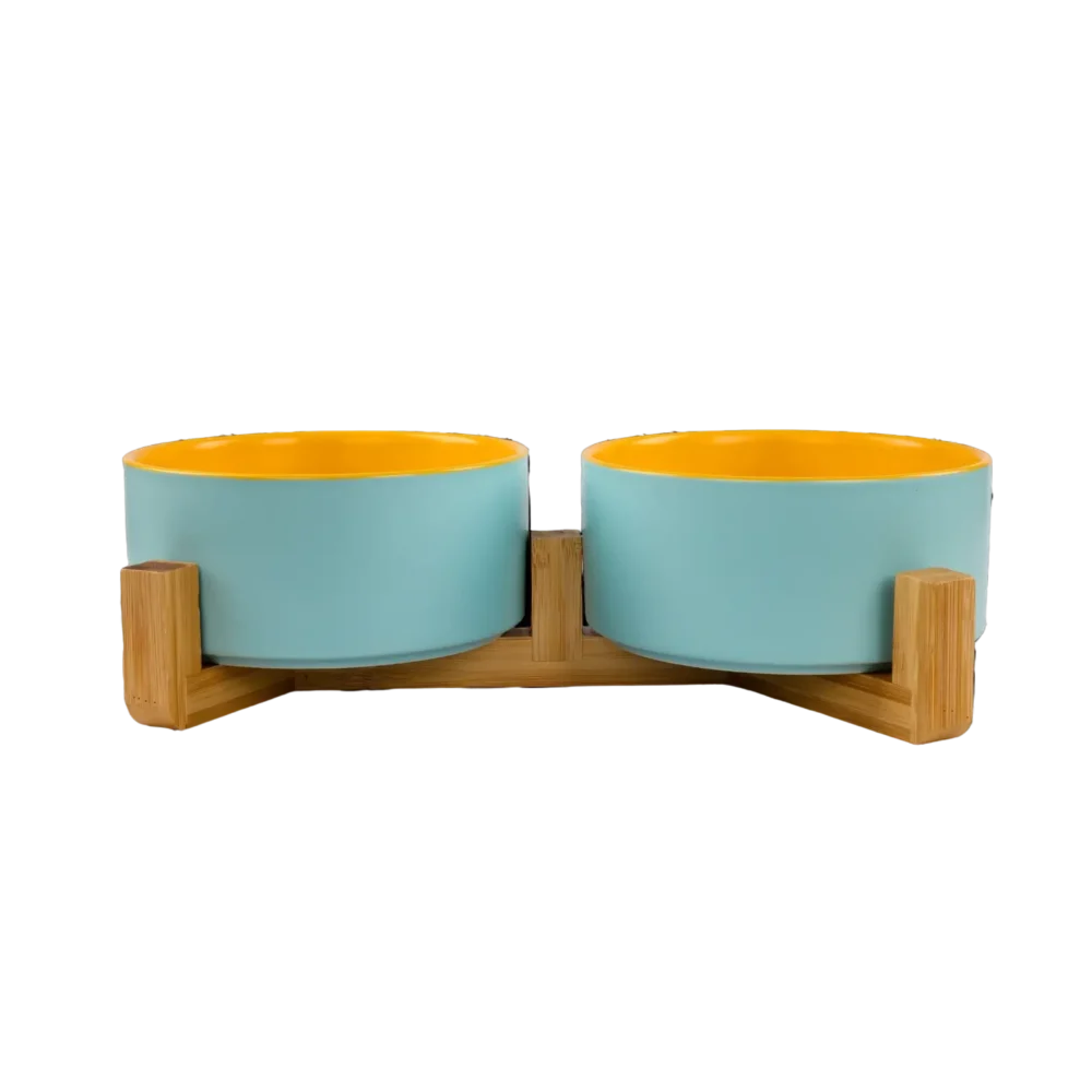 Cat Ceramic Pet Bowls With Bamboo Stand Outer Blue Inner Yellow