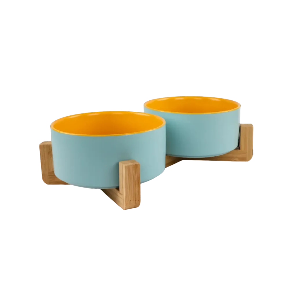 Dog Ceramic Pet Bowls With Bamboo Stand Outer Blue Inner Yellow - Image 2