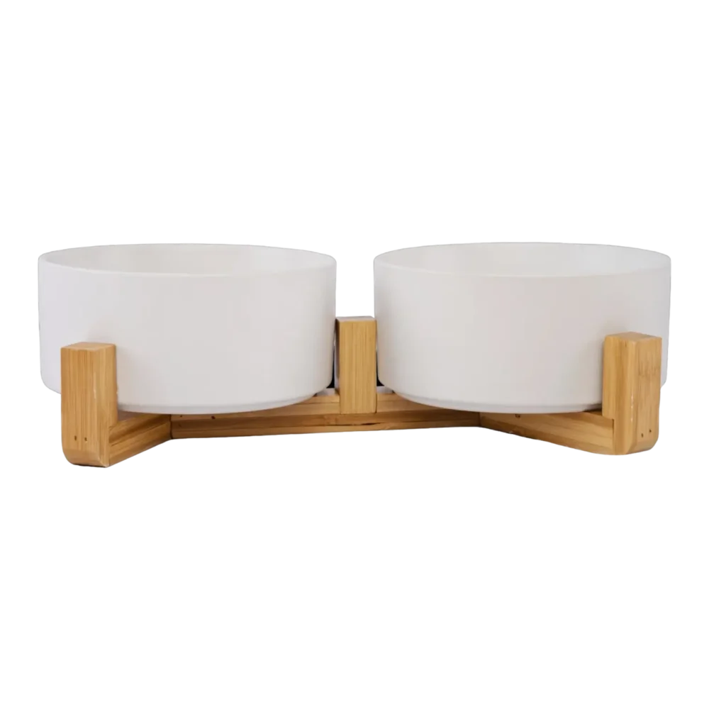 Cat Ceramic Pet Bowls With Bamboo Stand - White