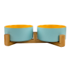 Cat Ceramic Pet Bowls With Bamboo Stand Outer Blue Inner Yellow