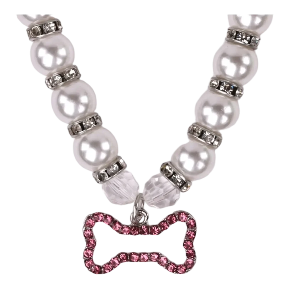 Dog Pearl Necklace With Bone Pendant - Pink - Image 2