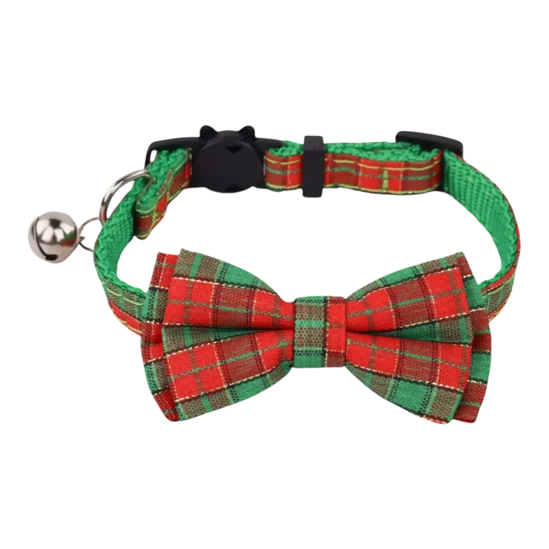 Cat Collar – Plaid – Red and Green – Bow Tie (1)