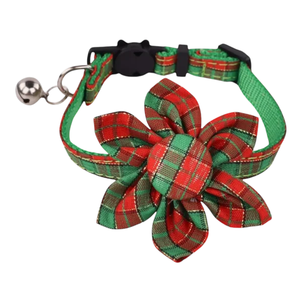 Cat Collar – Plaid – Red and Green – Flower (1)