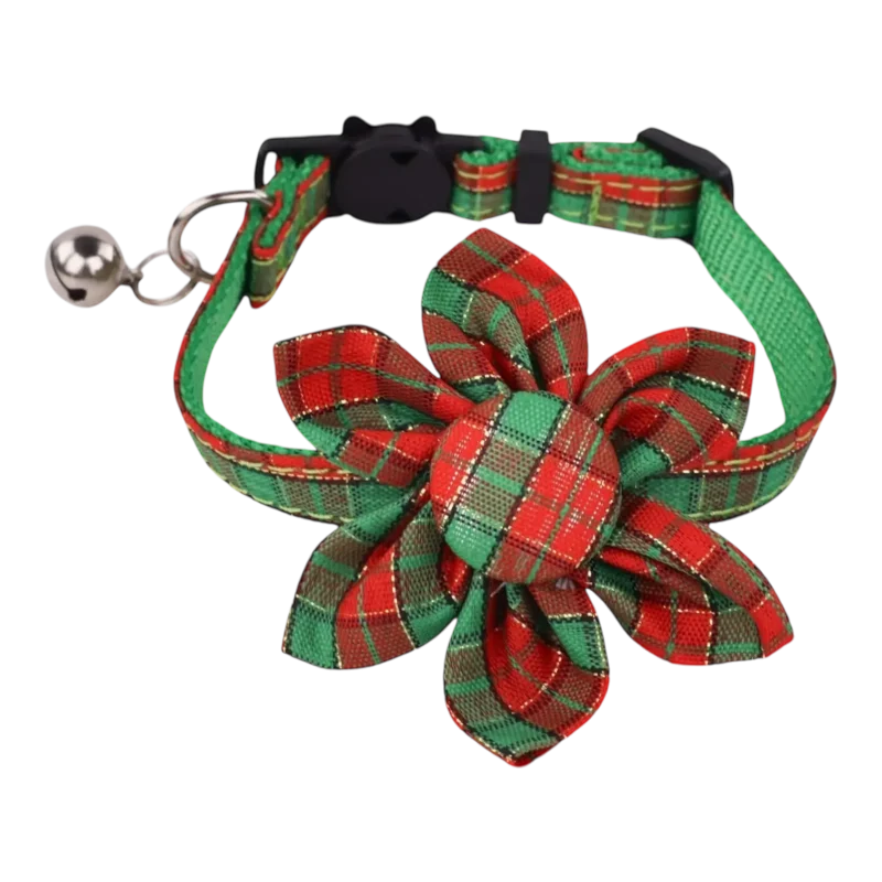 Cat Collar – Plaid – Red and Green – Flower (1)