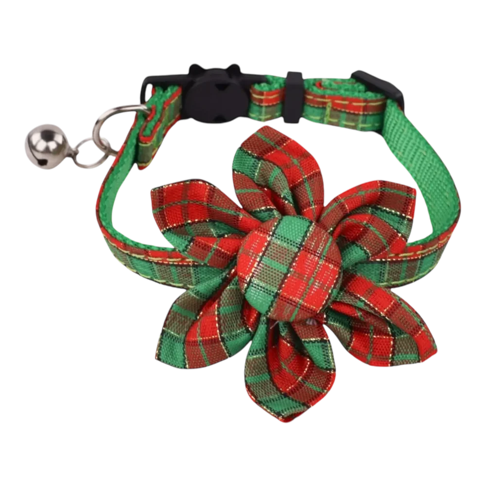 Cat Collar – Plaid – Red and Green – Flower