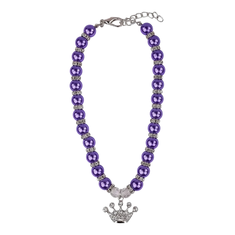 Cat Pearl Necklace With Crown Pendant - Purple