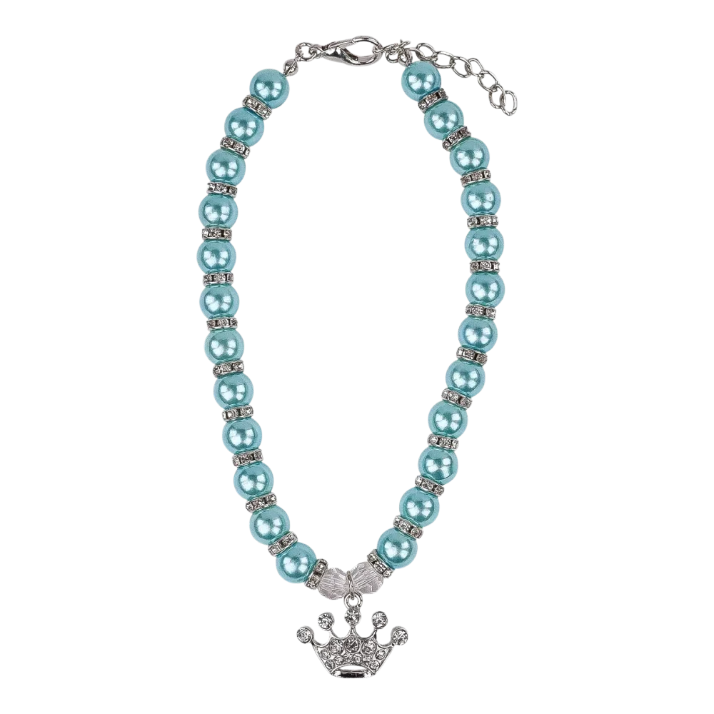 Cat Pearl Necklace With Crown Pendant - Turquoise