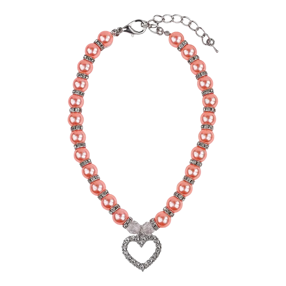 Cat Pearl Necklace With Heart Pendant - Coral