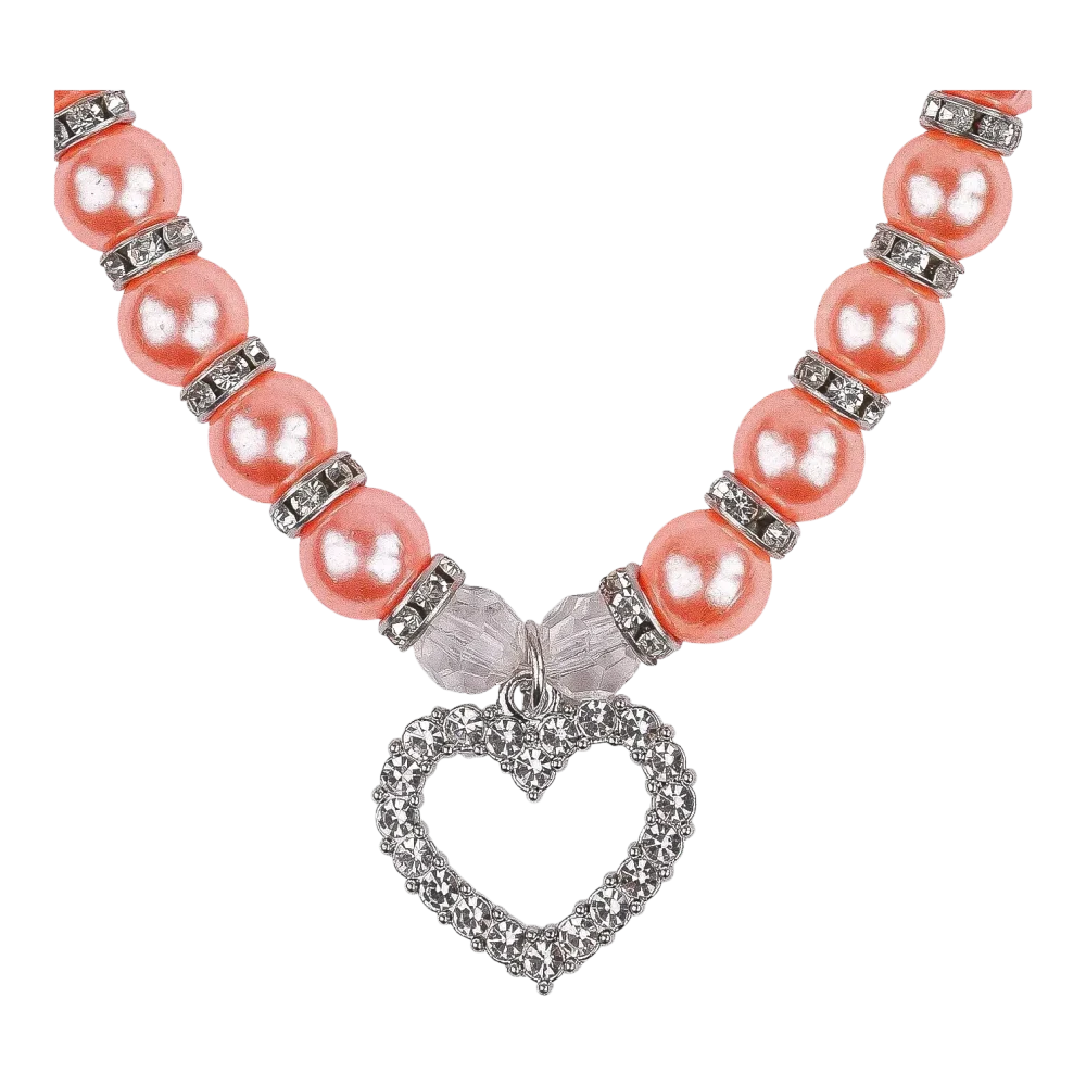 Cat Pearl Necklace With Heart Pendant - Coral - Image 2